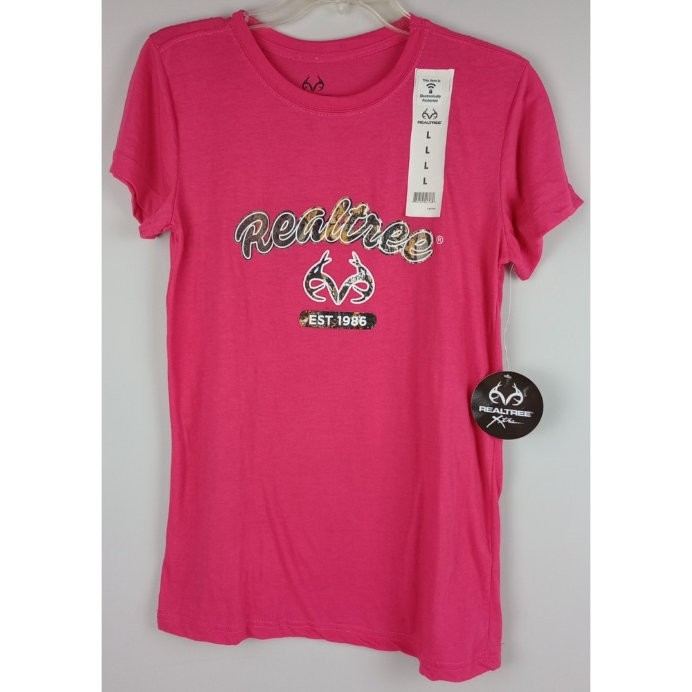 NWT Real Tree Womens L Pink Real Tree Logo Crew Neck Short Sleeve Classic Tshirt